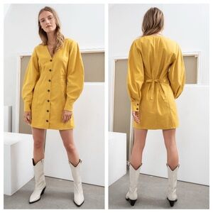 & Other Stories NWT Tailored Puff Sleeve Mini Dress V-Neck Structured Yellow